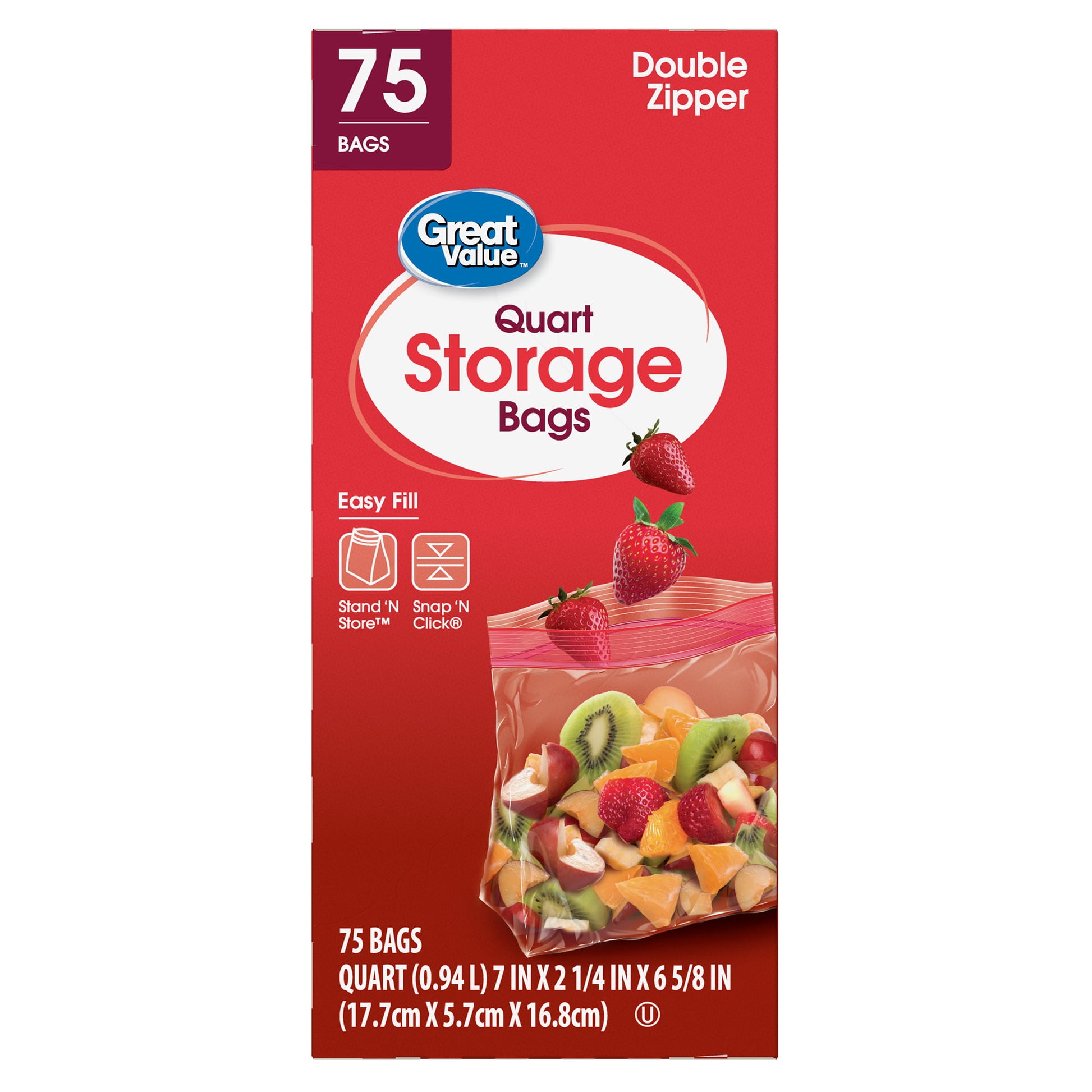 Great Value Fresh Seal Double Zipper Storage Bags, Quart, 100 Count